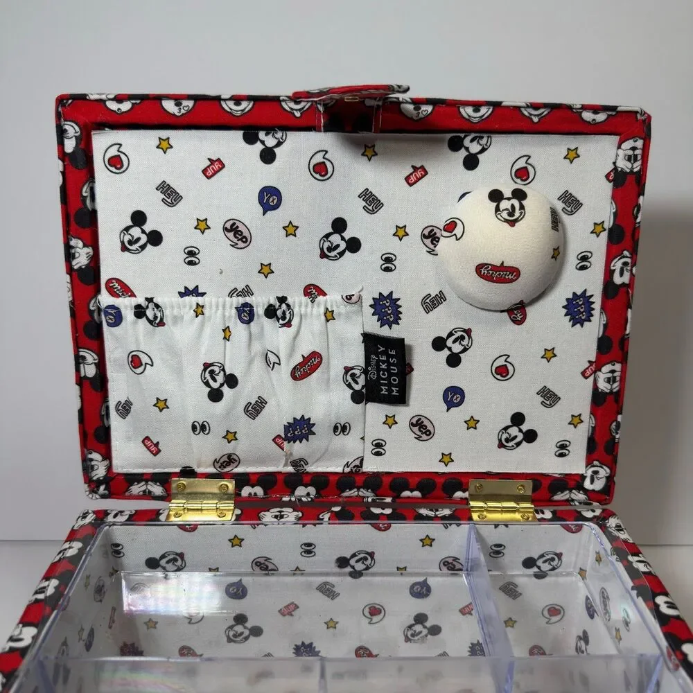 Disney Mickey Mouse Fabric Sewing Basket Box Organizer Handle Red Black Storage